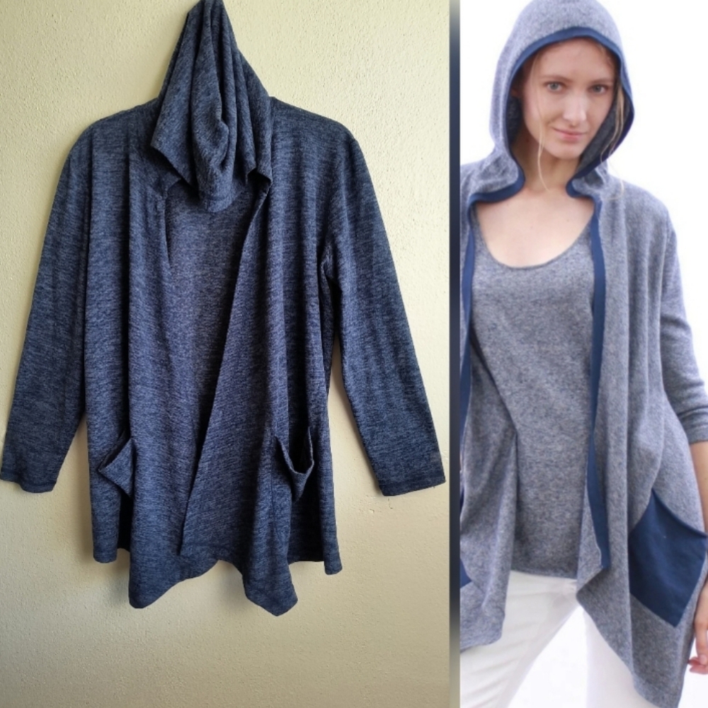Sunday Heathered Blue Hooded Cardigan w/2 front pockets, Size L